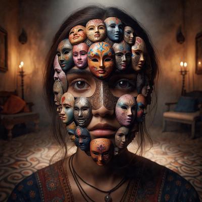 The primary subject of the image is a woman with a face covered in various masks. The masks are arranged in a visually striking manner, covering her face from the forehead to the chin. The setting appears to be a dark room, which adds to the dramatic and mysterious atmosphere of the scene. The visual style of the image is a combination of digital art and illustration, creating a unique and intriguing representation of the woman's face. The dominant colors in the image are black and white, which further emphas